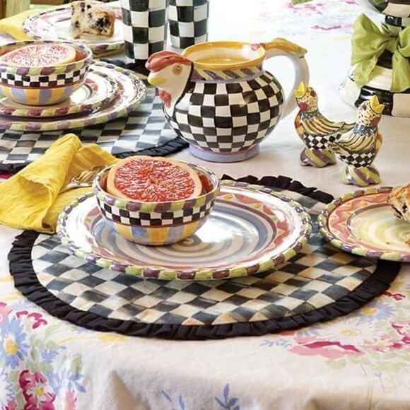 Mackenzie Childs NWOT Courtly Check Ruffled Round Placemat Set of 6 Retail $360 - Picture 7 of 8